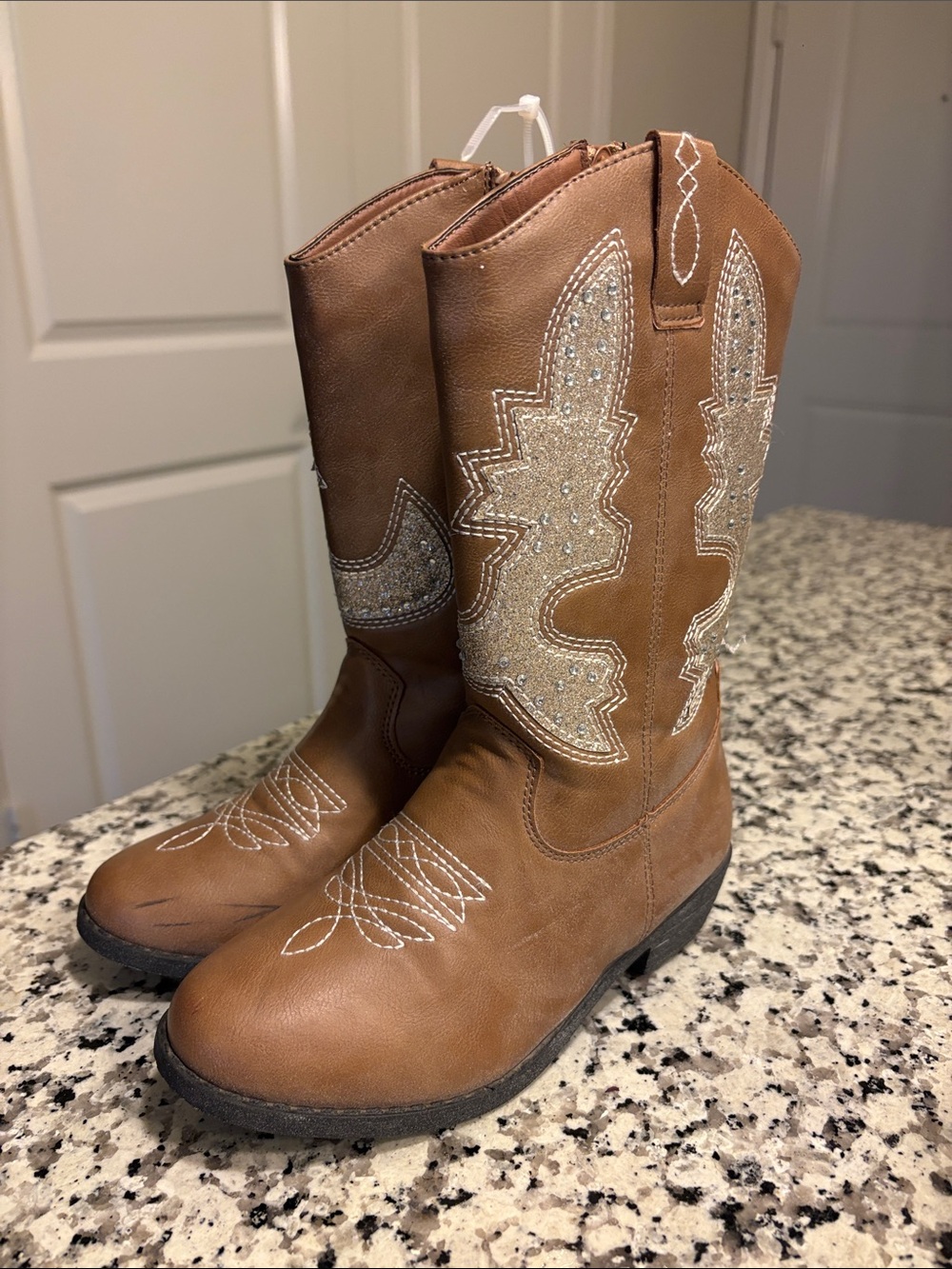 Kensie Girl Brown Western Boots with Silver Rhinestone Stitching